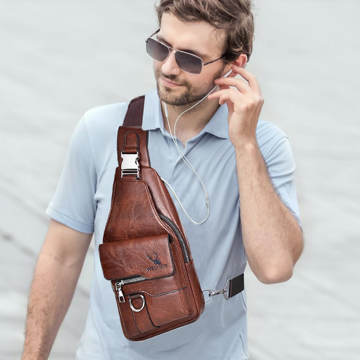 Sacoche Homme Bandouliere Sac de Poitrine Sac business Sac de Loisir PU Cuir Pochette Epaule de Voyage pour Homme Femme