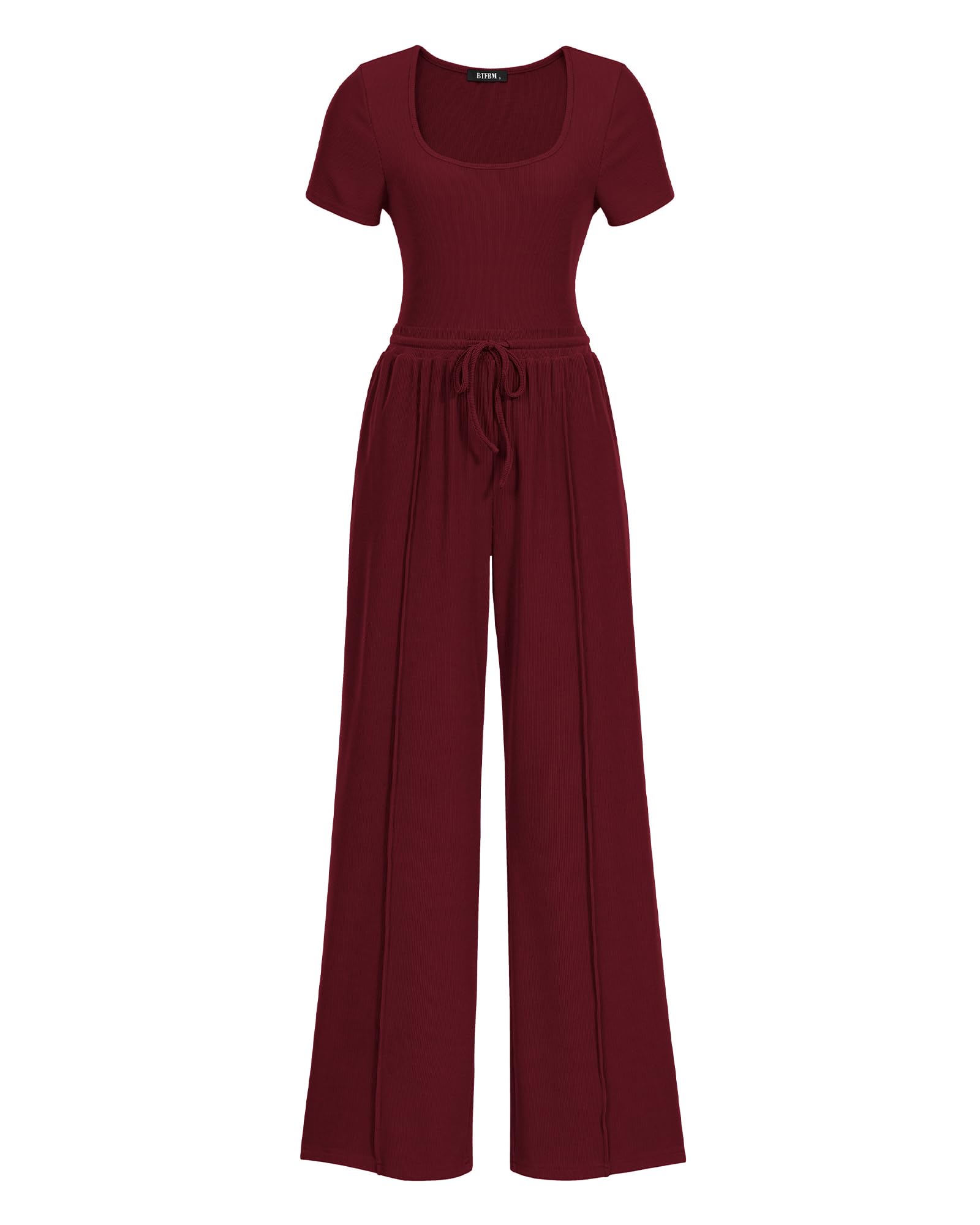 BTFBMWomens Casual 2 Pieces Outfits Dressy Square Neck Short Sleeve Bodysuit Drawstring Pants Knit Lounge Matching Sets