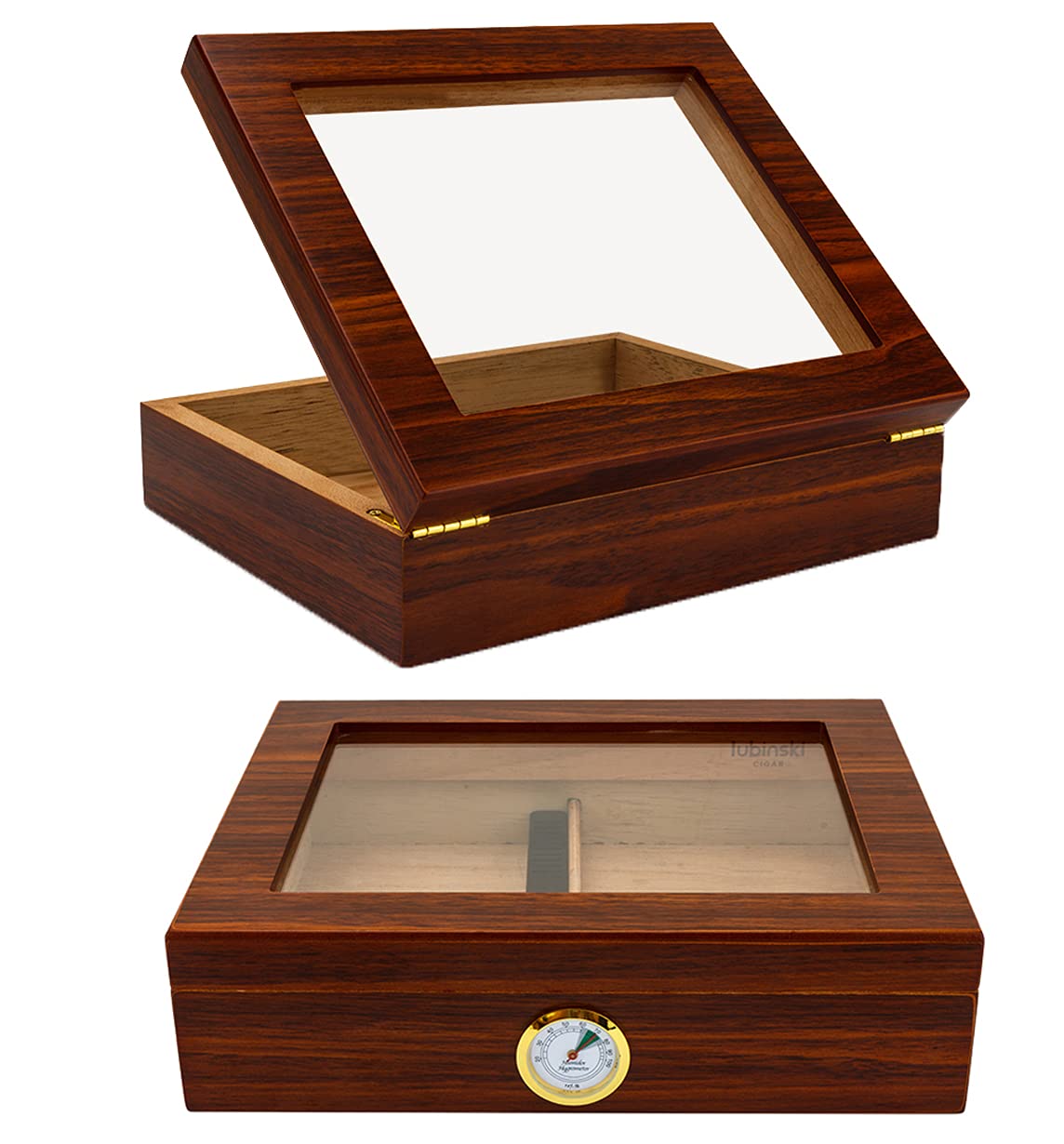 LUBINSKICigar Humidor Handmade Wood Cigar Box Desktop Humidor with Hygrometer and Humidifier,Cedar Divider Royale Glasstop Holds 20-35 Cigars