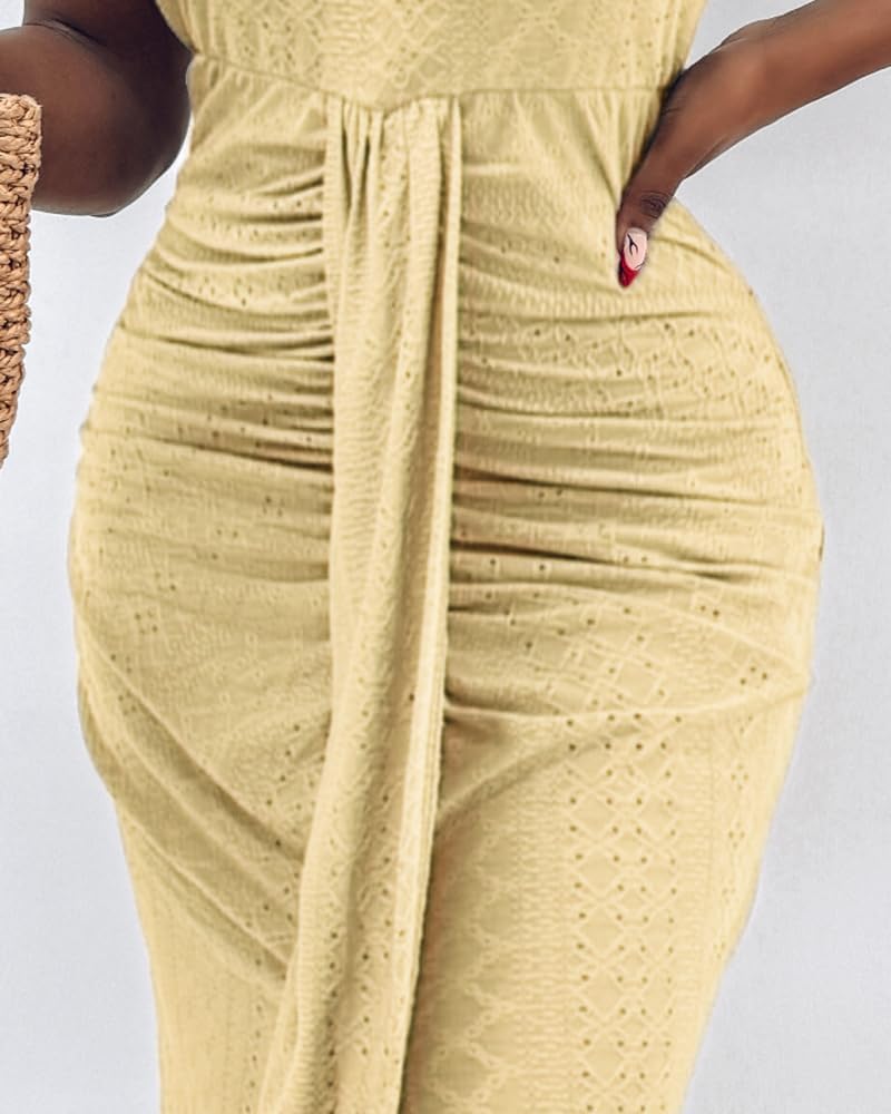 CHICME Womens Summer Halter Dress Hollow Out A Line Vacation Dresses with Eyelet Embroidery & Side Slit - Image 6