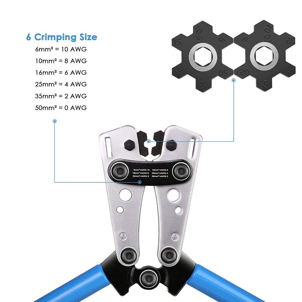 6-50MM² Pinze per Crimpare, Pinza per Terminali a Tubo, Pinza per Crimpare Batteria/cavo/spina/esagono, Pinza per Terminali a Cavo con Taglierino da 10
