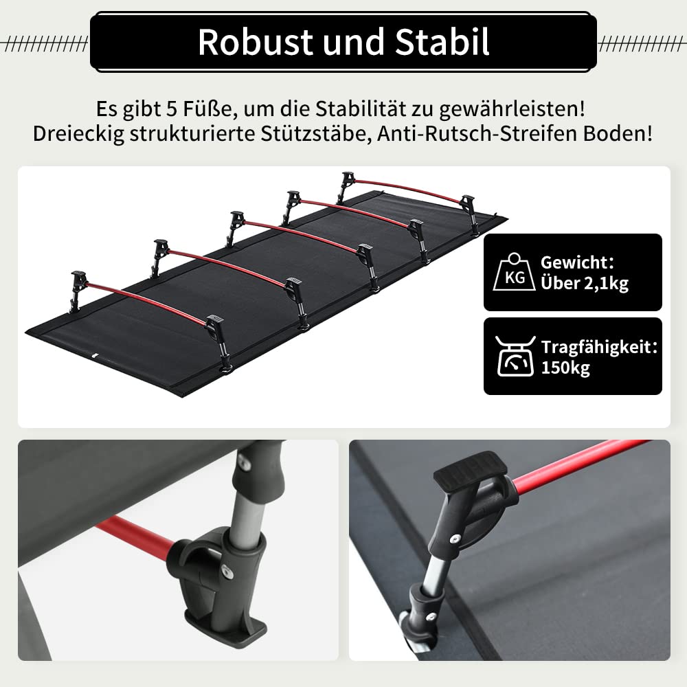 TOMOUNT Veldbed, ultralicht klapbed, aluminium stangen, 190 x 70 cm, compacte draagbare campingligstoel, eenvoudig te bouwen, belastbaar campingbed voor tenten, outdoor, wandelen, zwart