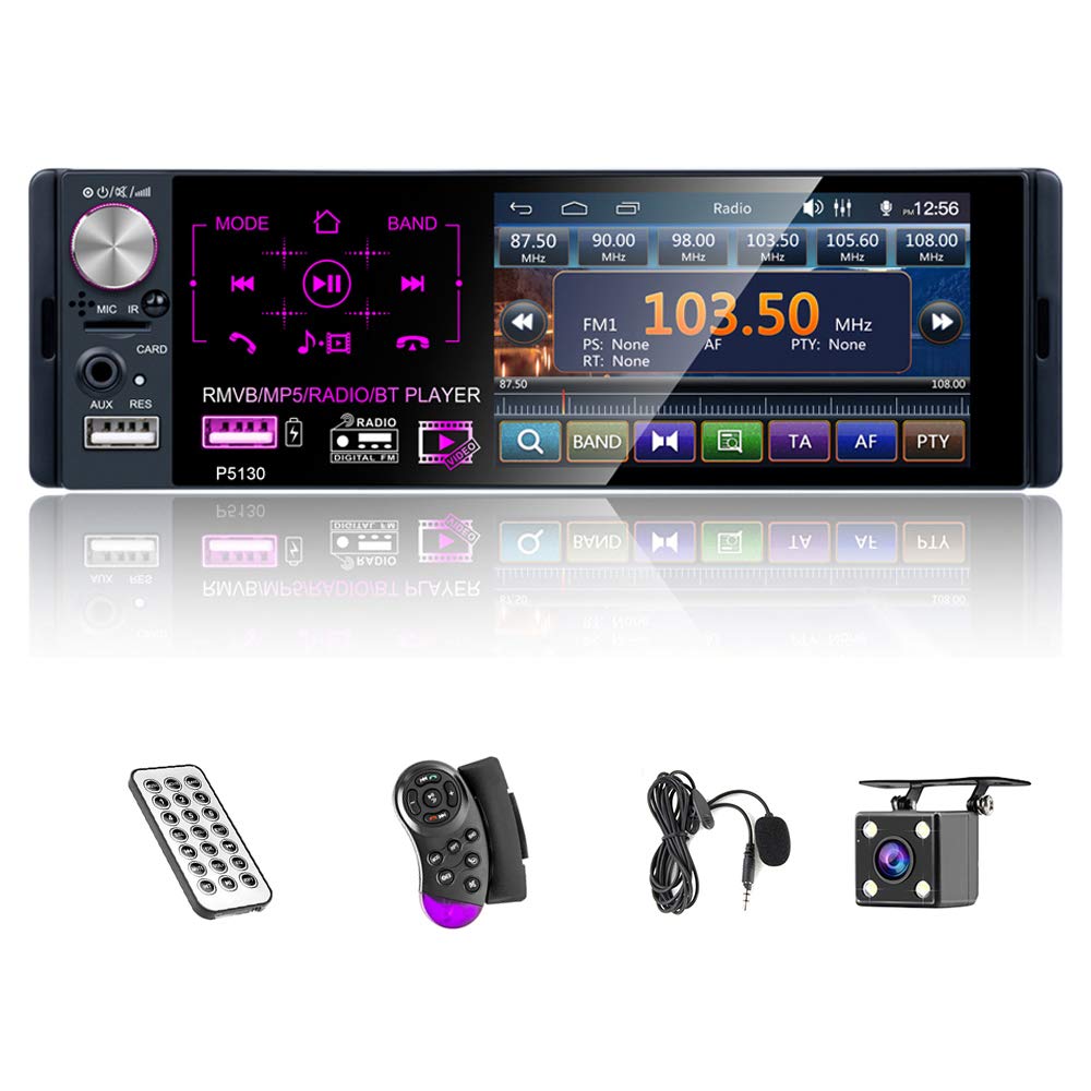 Single Din Car Radio with 4.1 Inch Touch Screen Multimedia Car Stereo Bluetooth Audio and Hands-Free Calling Car MP5 Player AUX Input USB Port AM/FM/RDS Radio Receiver +Reverse Camera, Rear Microphone