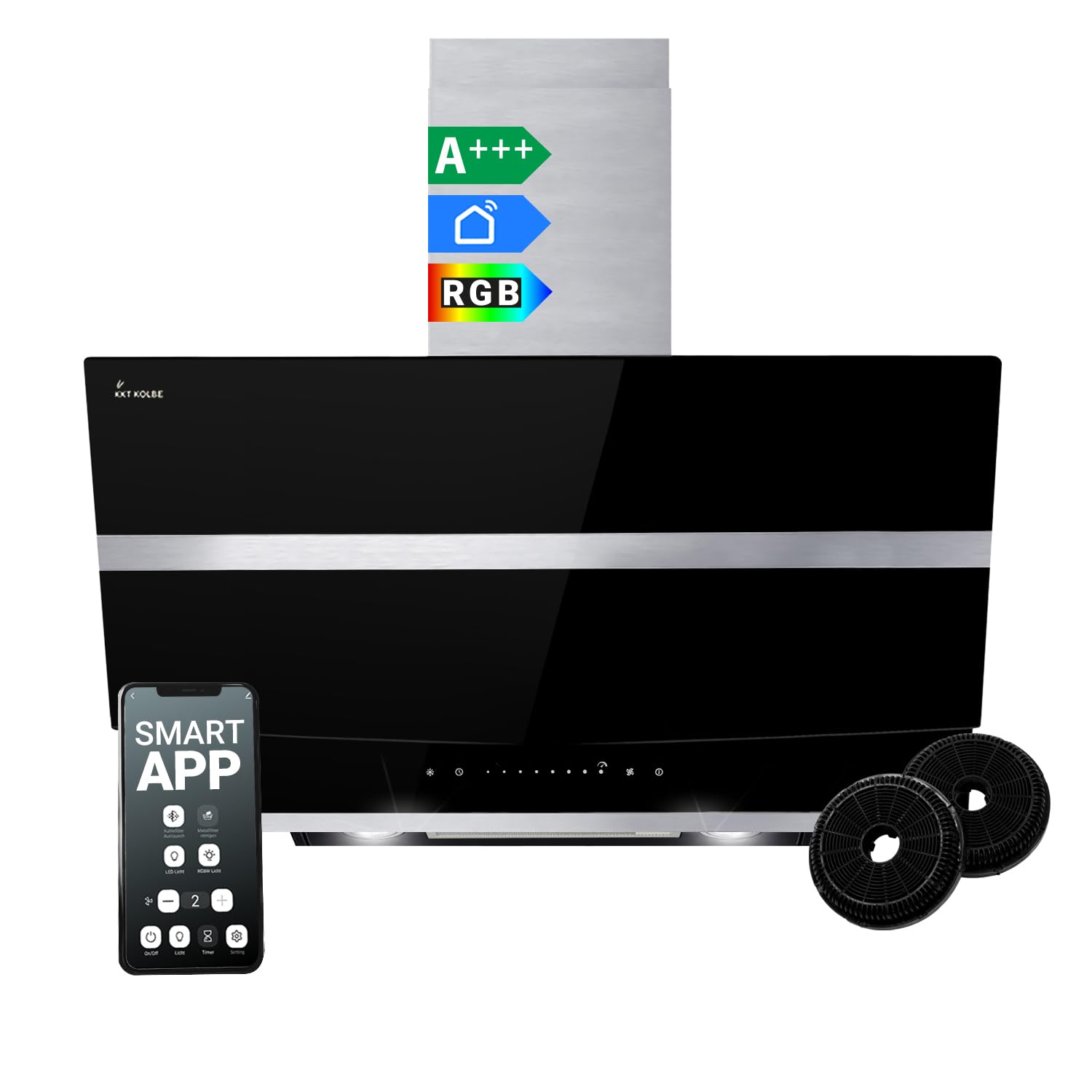 Campana Extractora 80 cm | Campana de Pared Inclinada | acero inoxidable | vidrio negro | WiFi | apagado automático | Iluminación LED RGBW | Funcionamiento táctil | HERMES8005SM