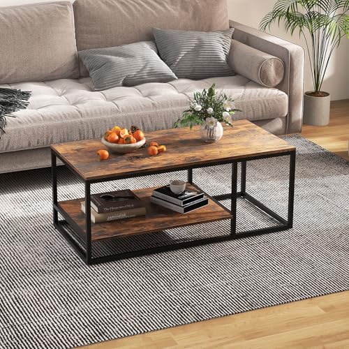 GOPLUS Mesa de Centro de 2 Niveles con Estante de Almacenamiento, Mesa de Café Industrial de Madera con Estructura de Metal, Mesa de Salón Rectangular, 105 x 50 x 42,5 cm, Marrón Rústico