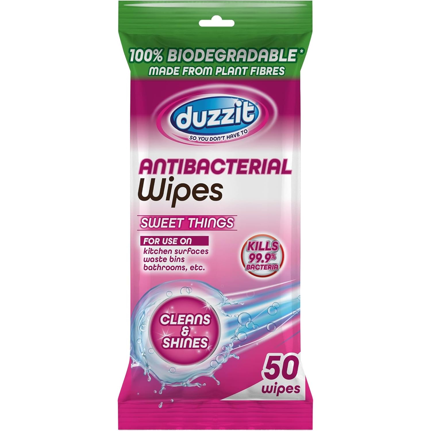 AMKDuzzit Biodegradable Anti Bacterial Wipes Sweet Thing 50 Pack Use on Kitchen Surfaces Waste Bins Bathrooms Kills 99.9% Of Bacteria
