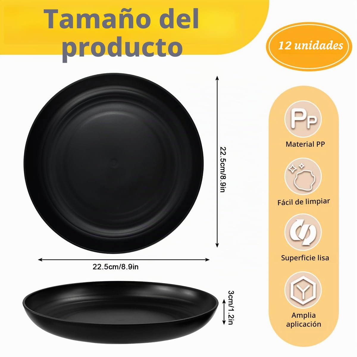 12PCS Platos de Plástico Duro, Platos Llanos de Diámetro 22,5 cm, Platos Planos de Plastico Reutilizables, Aptos para Microondas y Lavavajillas, para Fideos, Aperitivos, Cereales de Postre