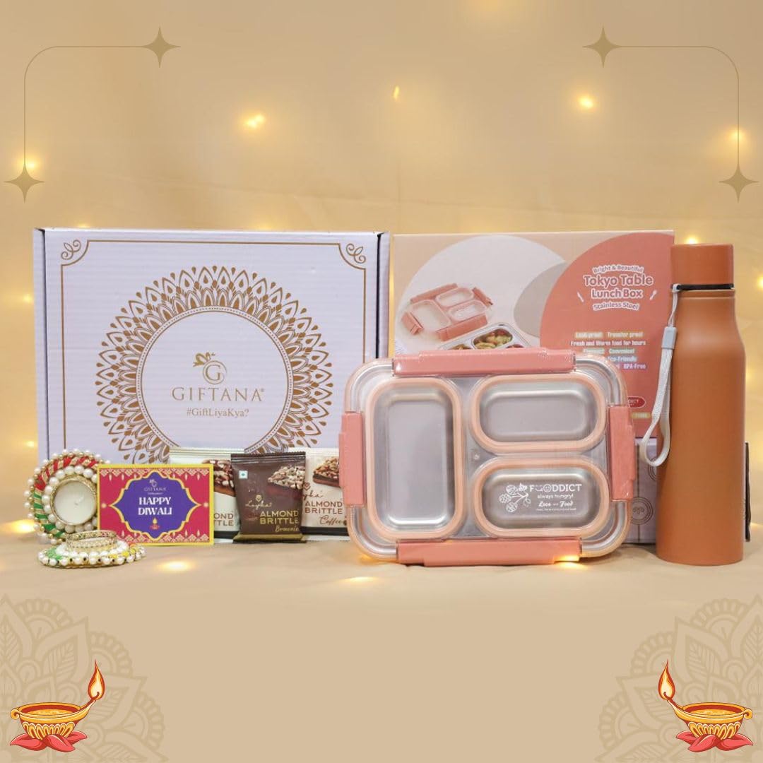 Giftana 5 in 1 Diwali Gift Hampers Loyka Brittle with 3 Compartment Lunch Box, Water Bottle, Diwali Card with Tealight Diya Gift Set for Corporate Diwali Gifts for Employees, Clients, Family (Tan)
