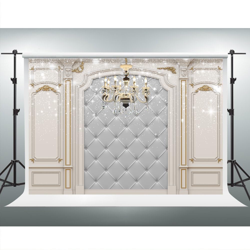 VIDMOT Classic Vintage Room Background 7x5ft European Frame Interior Backgroud for Wedding Party Decor Photo Shoot Tufted Wall Chandelier Glitter
