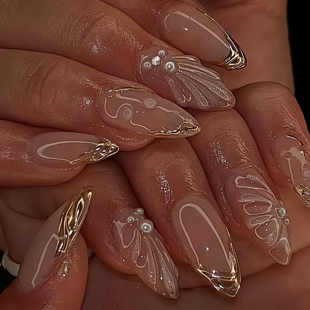Press on Nails Nude Almond Clear 3D Fake Nails French Full Cover Bling Acrylic False Pearl Nails for Women and Girls 24PCS