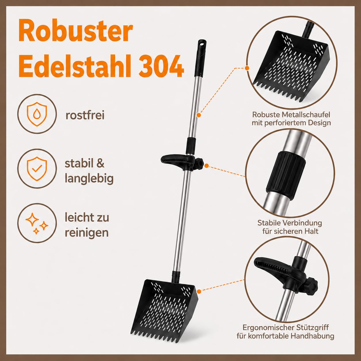 Pala para excrementos de pollo con mango, 25 cm de ancho, pala colador de acero inoxidable, pala telescópica de 160 cm, gallinero, accesorios para caballos, cerdos y animales pequeños, pala colador de