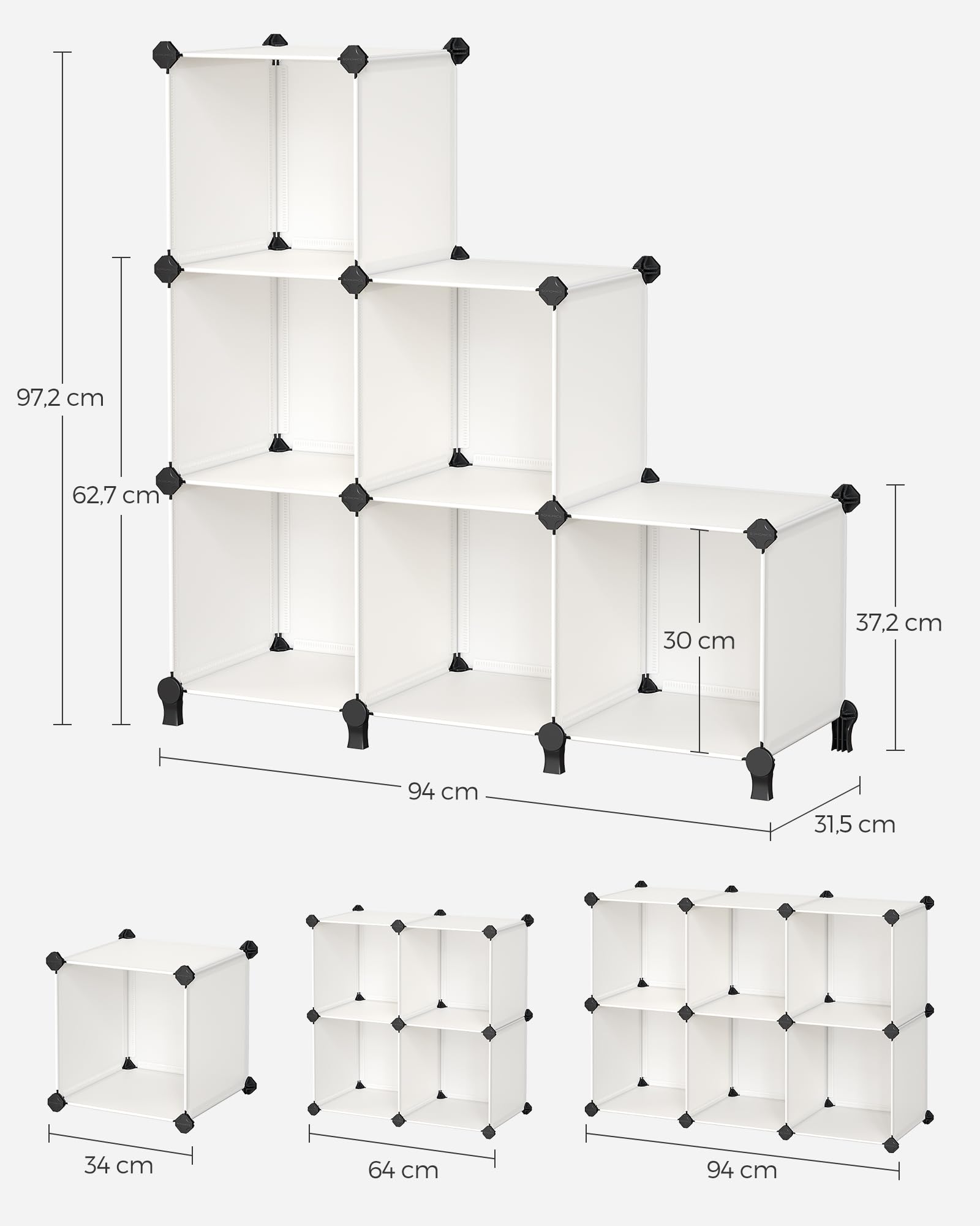 SONGMICS Schuhregal, Regalsystem, Steckregal, Set aus 6 Würfeln, DIY Regal, stapelbar, aus PP-Kunststoff, als Garderobe, für Schlafzimmer, Büro, 31,5 x 64 x 97,2 cm, cremeweiß LPC111M01