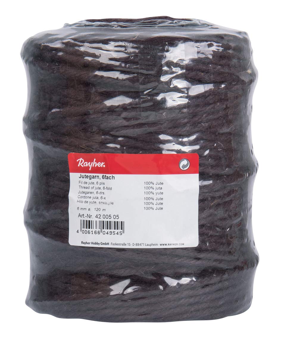 RAYHER 4200505 Jute Twine 6Ply, Jute String for Craft, Floristry and Home Decor Diameter 6mm, Length 120m, dark brown