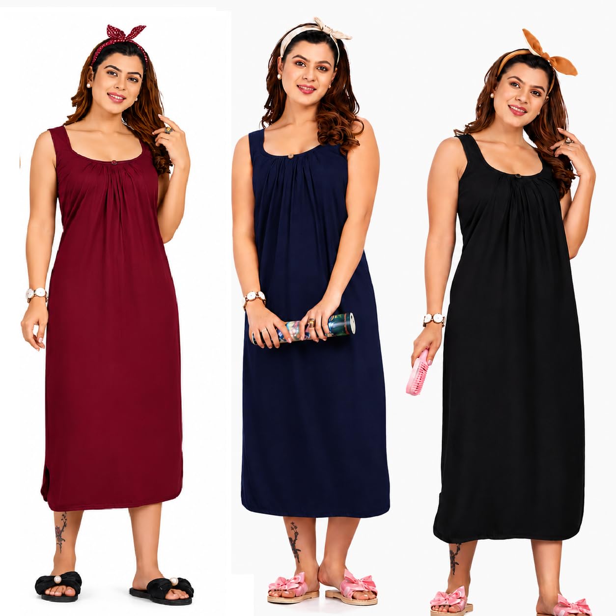 Women's Hosiery Cotton Full Length Camisole Sleeveless Nighty Long Inner Wear Petticoat-Nighty Slip-Kurti-Suit Slip, Solid Colour, Midi Length - Pack of 3-image-1