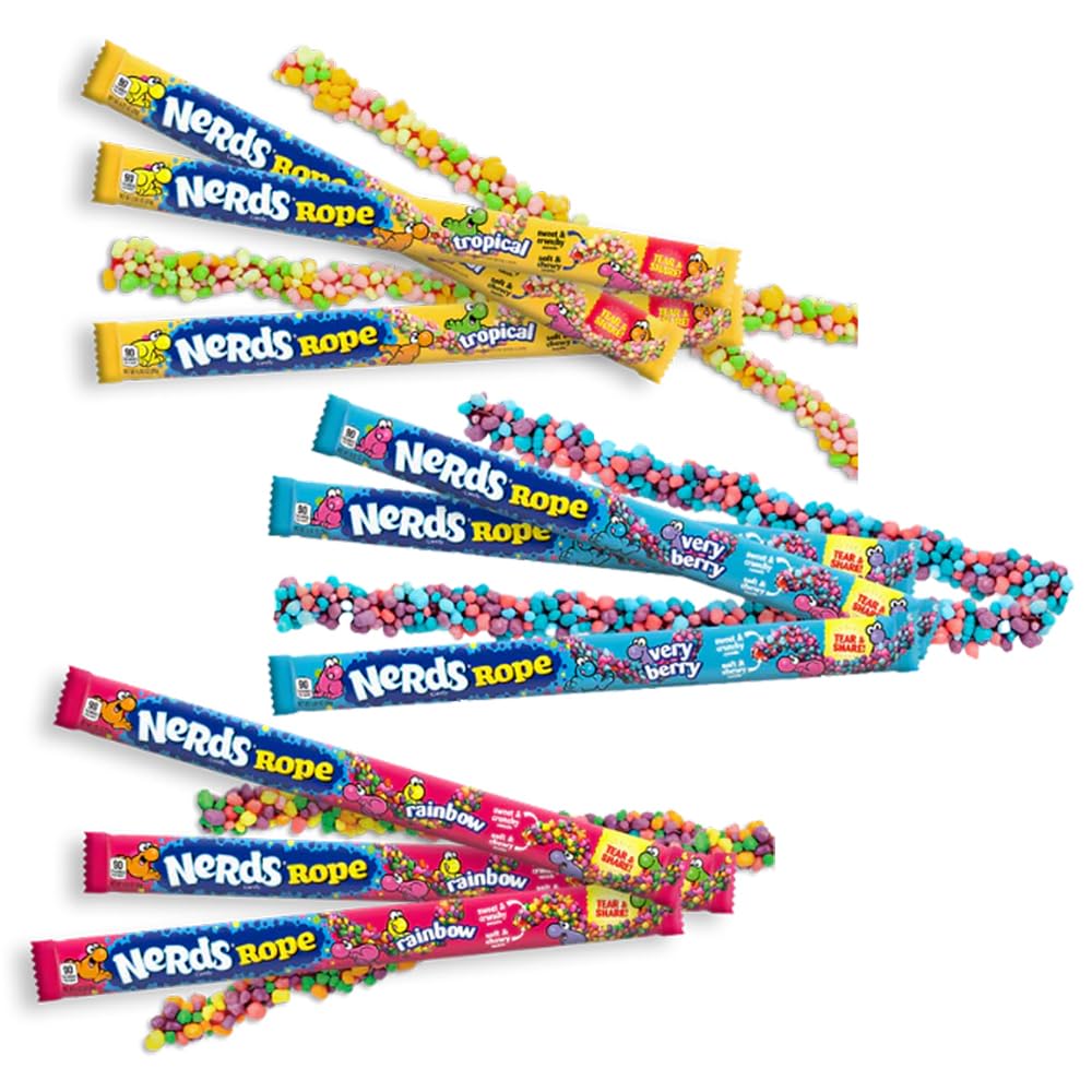 Nerds Rope Candy Variety Pack - Very Berry, Rainbow, Tropical Flavours - Chewy Candy Ropes, 26g Each - Perfect Party Favors, Treats for Kids & Adults (9)