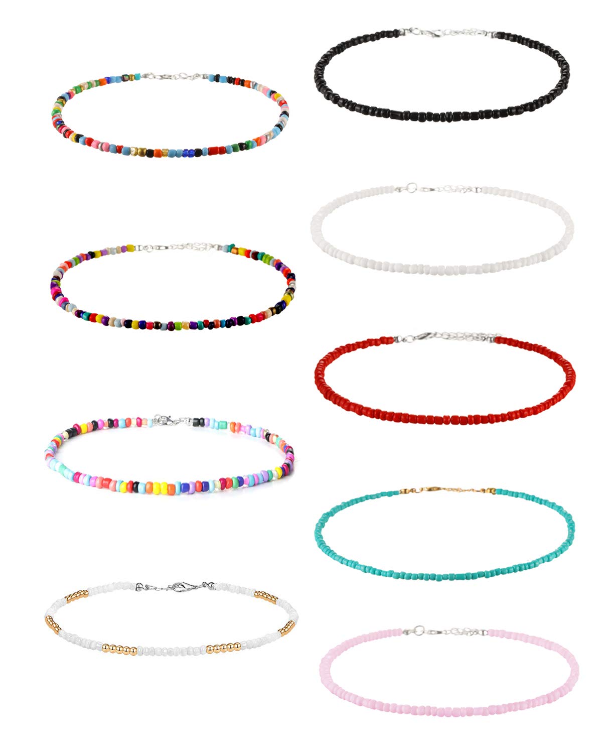 Wremily 4-12 Pieces Beaded Choker Necklaces for Women Boho Seed Bead Choker Set Hawaiian Handmade Turquoise Beach Beads Necklace Chain Jewelry