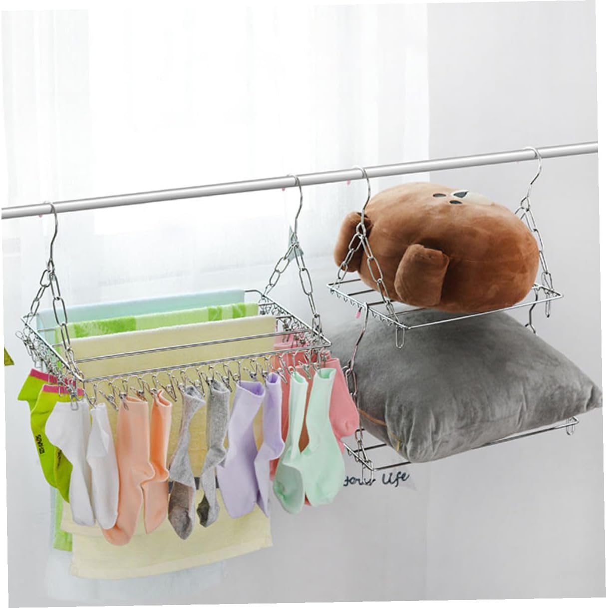 Multifunctional Stainless Steel Balcony Clothes Hanger with 45 Slots Windproof Socks Drying Rack for Home Laundry and Towels