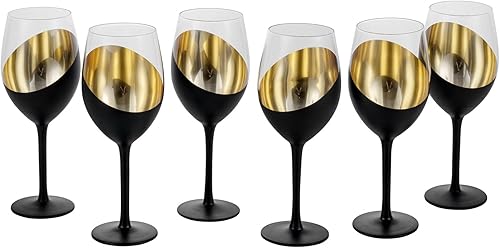 MyGift Copas de vino modernas inclinadas de 14 onzas con tallo negro mate y dorado, diseño elegante en ángulo con copas de cristal de acento