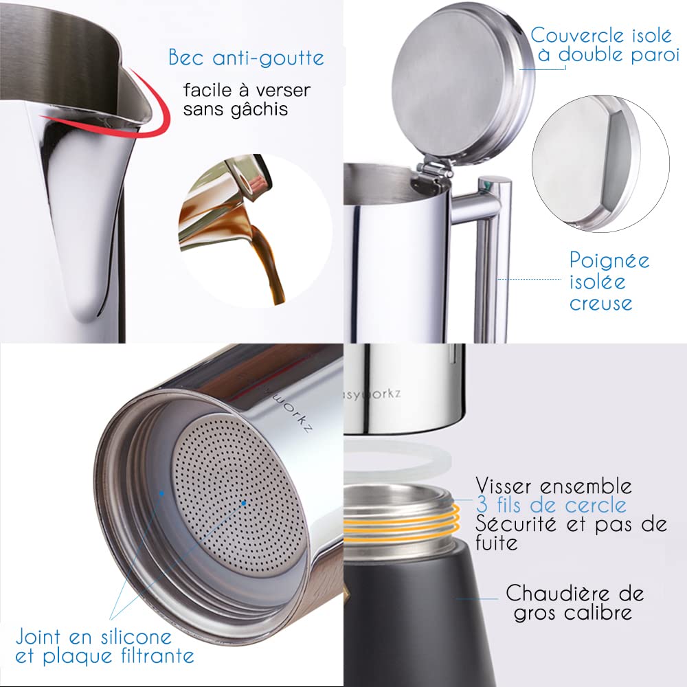 Easyworkz Diego Cafetière italienne en acier inoxydable pour 10-12 tasses 520 ml Pour induction à gaz et tous les types de cuisinières,Noir