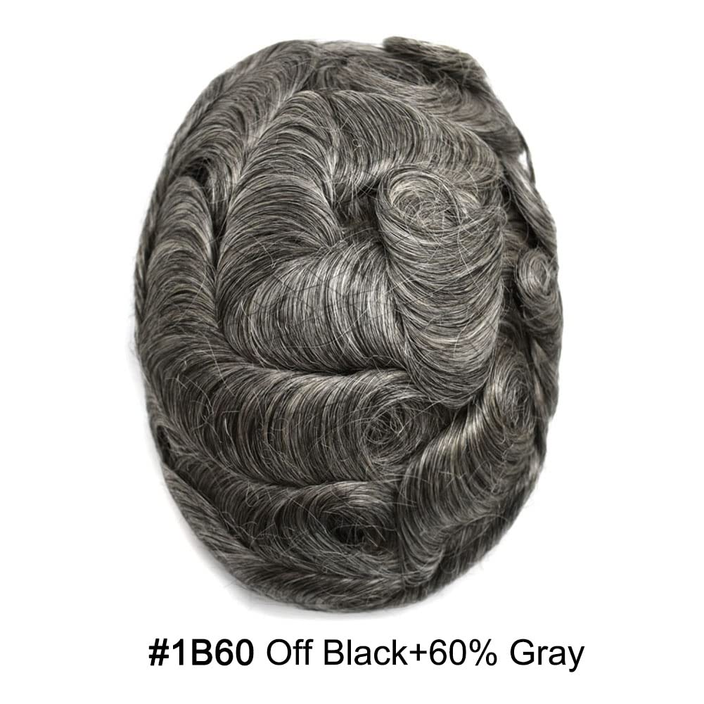 LYRICAL HAIR Mens Toupee Bleached Knots Human Hair System for Men Soft French Lace Front Natural Hairline Breathable Replacement System (#1B60 Off Black with 60% Gray Hair-120% density, 8X10)