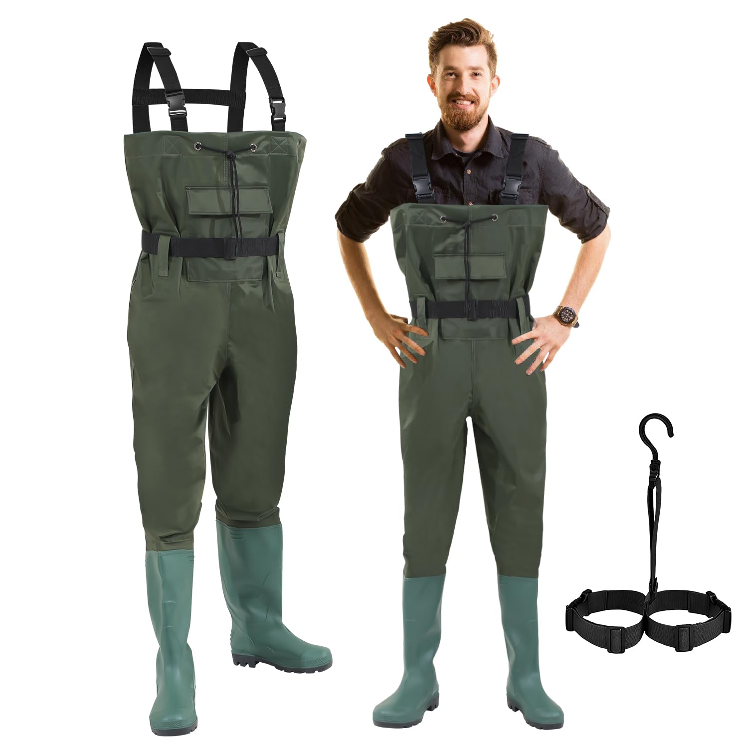 waders, waders impermeabili 70D nylon composito PVC pantaloni da pesca, con stivali in gomma antiscivolo, pantaloni da bacino, adatti per cantieri, pesca, fattorie