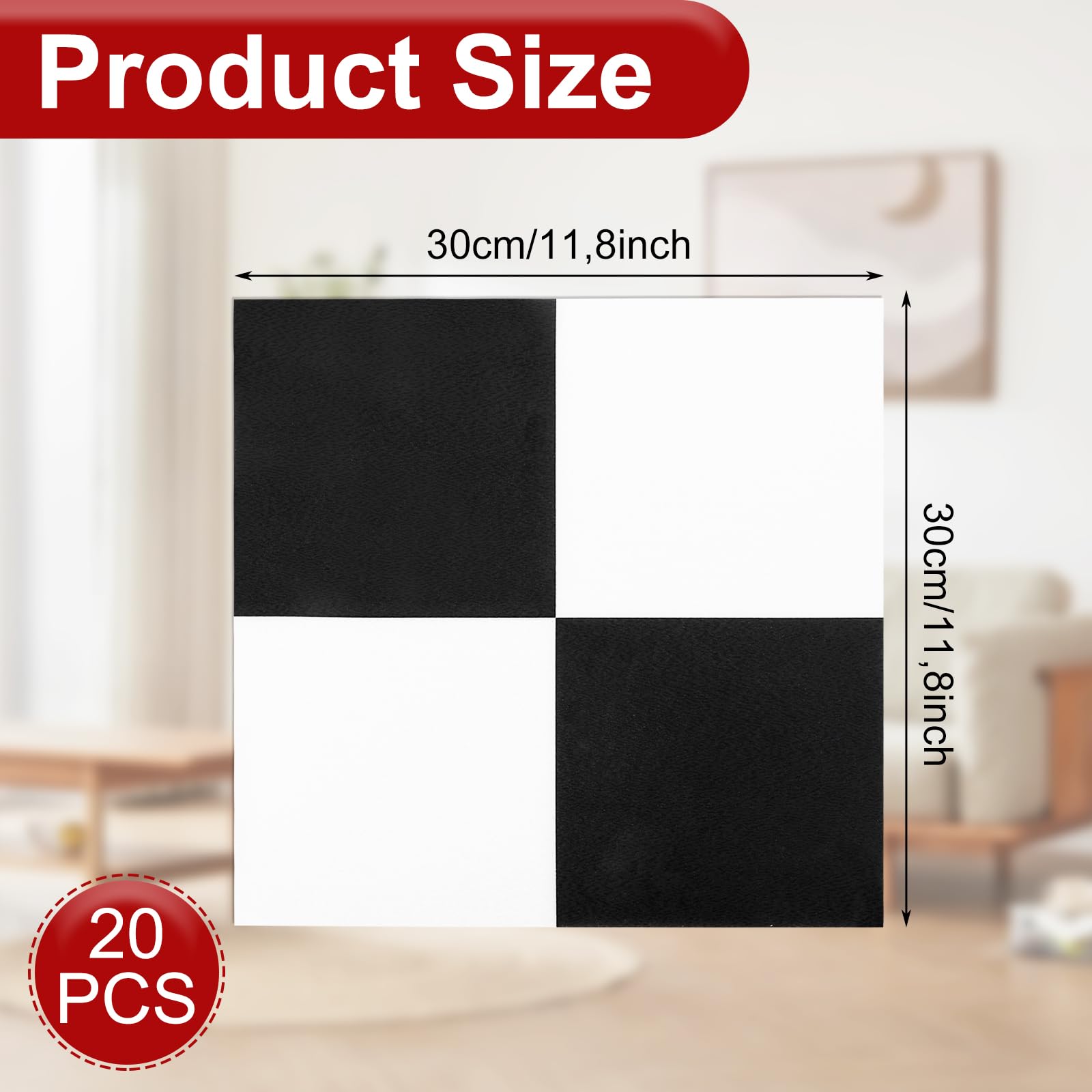 DAJAVE 20er Pack PVC Bodenbelag Selbstklebende Fliesen Vinylboden 30X30cm Schachbrett (Gesamtansicht: 6,00m x 6,00m) Vinyl-Boden für Küche, Vinyl Bodenaufkleber (Schwarz-Weiß)