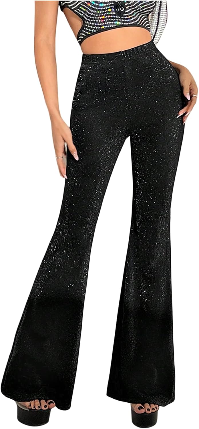 OYOANGLE Women's Glitter Flare Pants High Waisted Skinny Bell Bottoms Sparkly Party Night Out Bootcut Pants