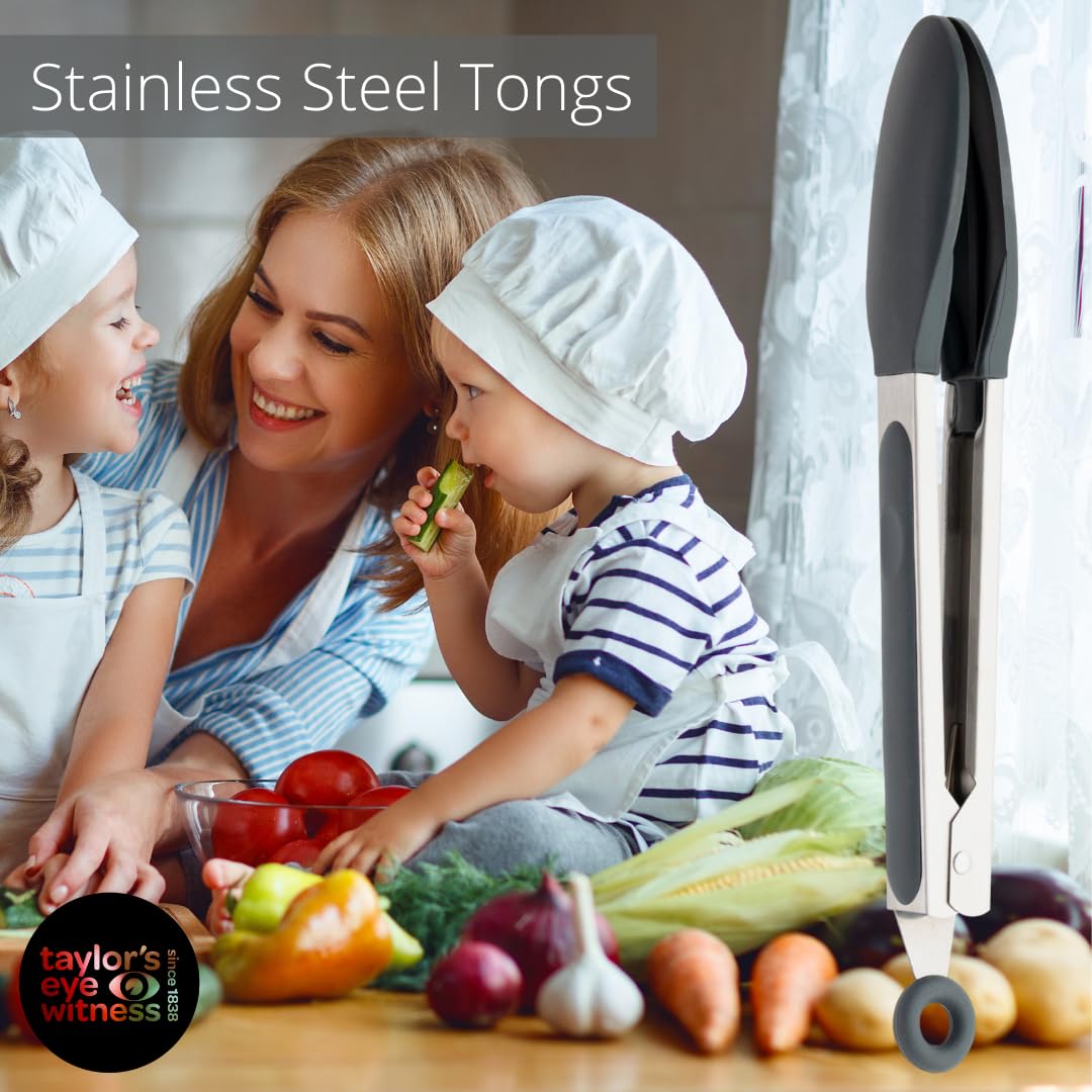 Taylors Eye Witness Large Steel Graphite Silicone Tongs - Dishwasher Safe, Heat Resistant (260°C/500°F), Locking Mechanism, 17cm/7 inch - Image 2
