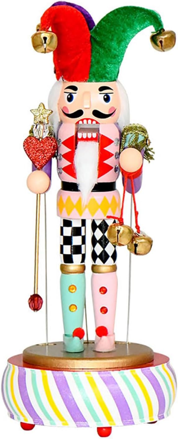 Classical Wooden Music Box with Clown Nutcrackers Figures Design Decorative Wind Up Melodies Player Musical Ornament Collectible Wooden Music Box