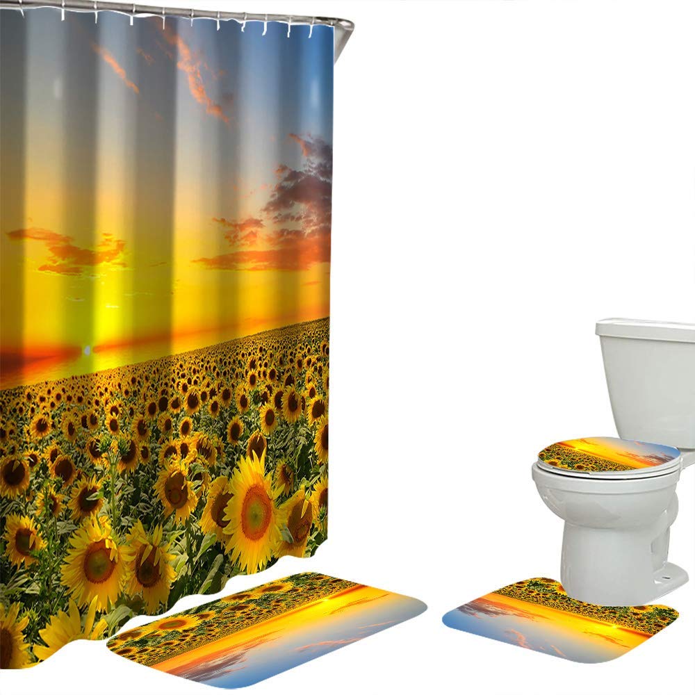 Artsbay Sunflower Shower Curtain Sets with Non-Slip Rugs Toilet Lid Cover Bath Mat Sunflower in Sunset Bathroom Decor Floral Landscape Art Print Bathtub Curtain Waterproof Cloth Fabric with 12 Hooks