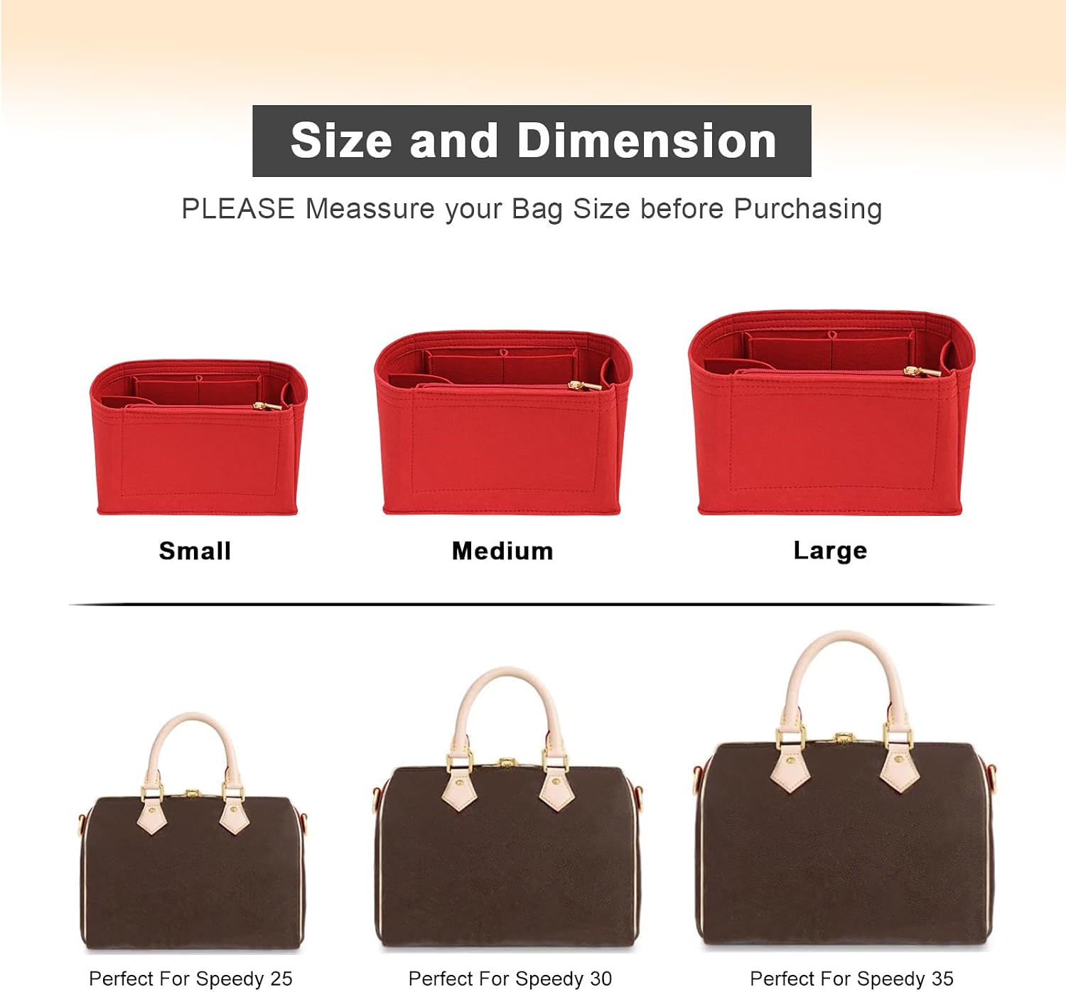 LOUKAYCCI Purse Organizer Inserts for Speedy 30 Felt Purse Inserts HandBag and Tote bag Neverful Organizer Insert (Red,Large)
