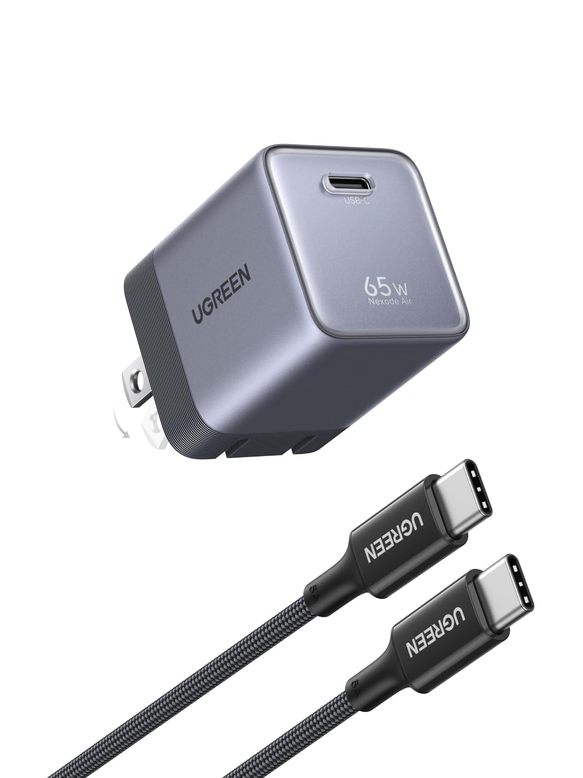 Nexode Air 65W USB C GaN Charger Block with 3.3ft Cable, Black | Mini Size(1.22×1.30×1.59…