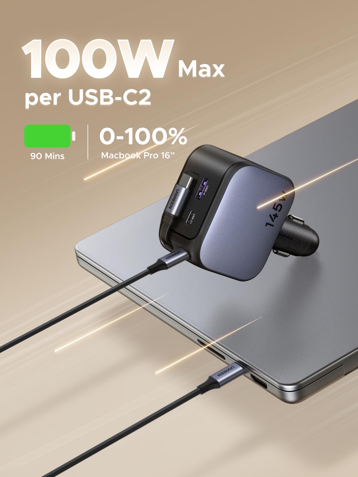 UGREEN Nexode 145W Zigarettenanzünder, 100W USB C Schnellladen, Typ-C Auto Ladegerät, integriertes einziehbares Kabel 60W, 4 in 1 Auto zubehör, kfz 12v-24V für iPhone 17/MacBook/iPad/Galaxy S25/GPS