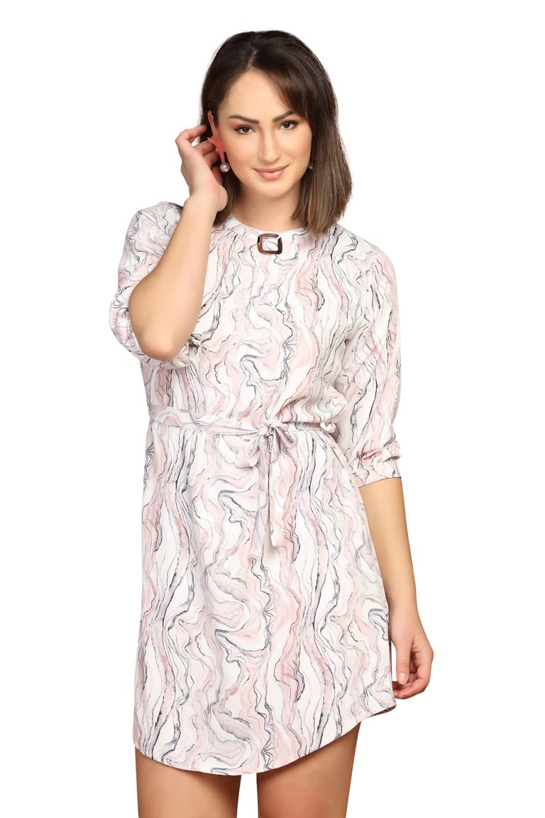 Leriya Fashion Western Dress For Women || Rayon Marble Printed Short Dresses For Women || Front Plated Neck With Buckle || Casual || Office || Summer Wear Dress For Girls (Xxx-Large, White)