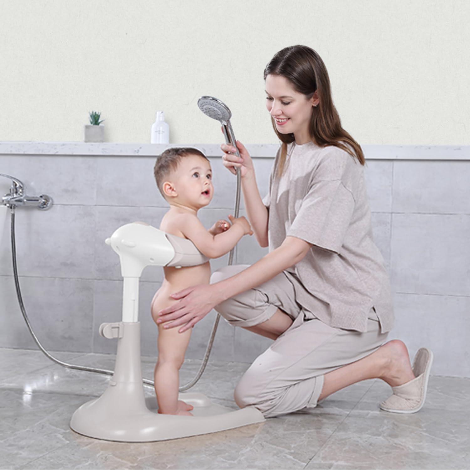 Hug Bath Tower for Baby Standing Up Themselves, 6-18 Months Toddler Shower Bathing Stand Support, Mother Helper Safe Handle, Easy Setup Adjustable Size(Off White - New Edition)