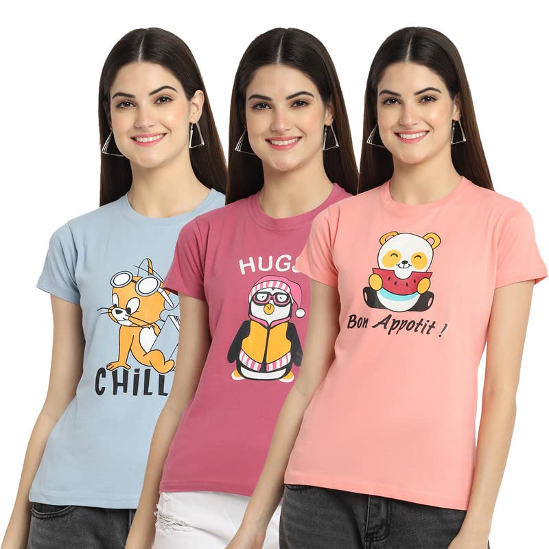 Image of Preneum Women's Cotton Regular Fit Graphic Stylish Printed Short Sleeves Casual T-Shirt || Trendy & Style (Pack 3)