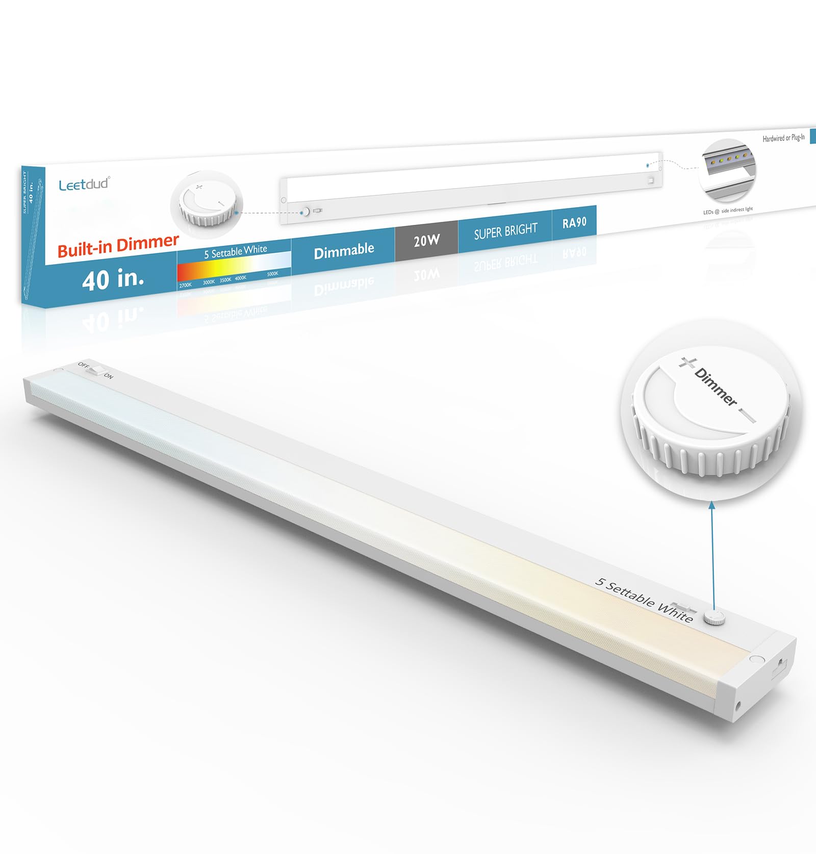 Leetdud - LED Under Cabinet Lighting, Built-in or Wired Dimmer Plug, 40 Inch 20W, Dimmable, 5 Colors, 2700K/3000K/3500K/4000K/5000K, ETL Listed Linkable Under