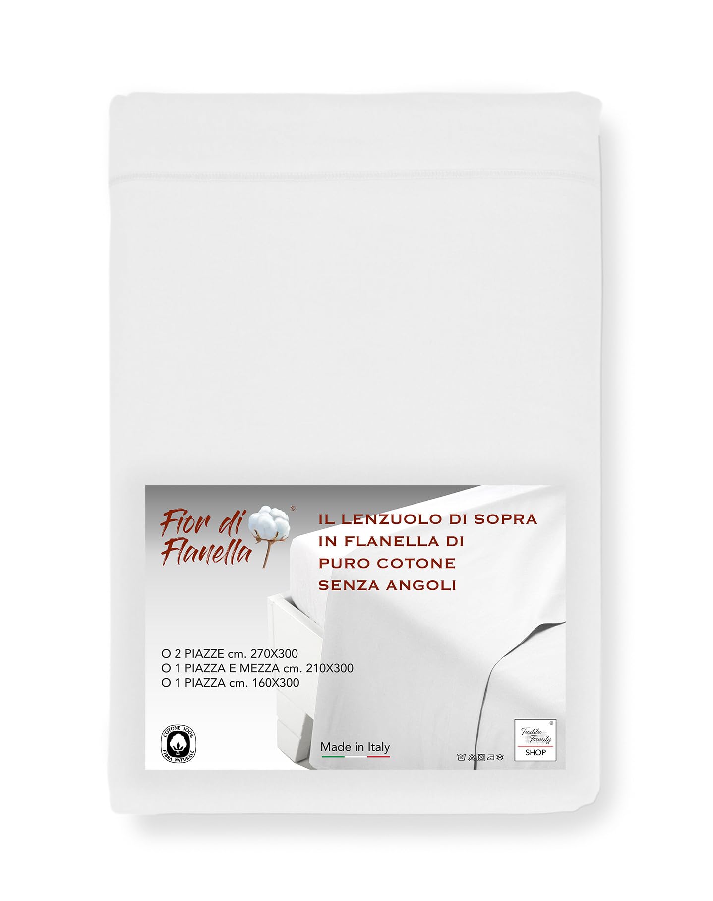 Tex family Lenzuolo Senza Angoli in Flanella di Sopra - Colore Bianco - Puro Cotone Morbido | Made in Italy | Per Materassi Maxi e Fuori Misura - Cm. 270x300