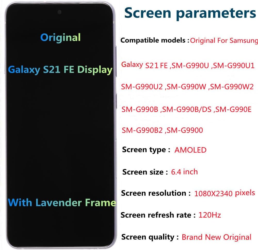 6.4" AMOLED Original for Samsung Galaxy S21 FE Display Touch Screen Digitizer Assembly S21 fe 5G G990U G990U1 G990W G990B G990B/DS LCD Screen Replacement (with Lavender Frame+Back Cover+Tools)