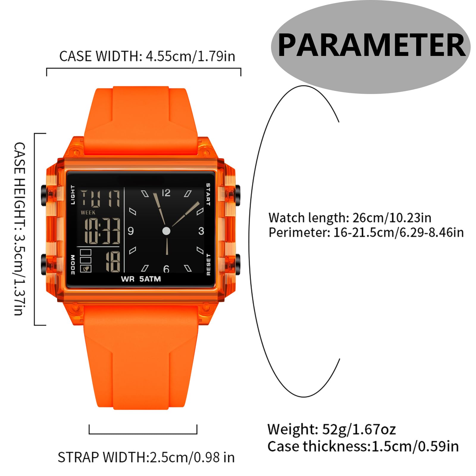 findtime Relojes digitales para hombres y mujeres, impermeable, único, rectangular, cronómetro, alarma de cuenta regresiva, correa de silicona analógica, funda transparente