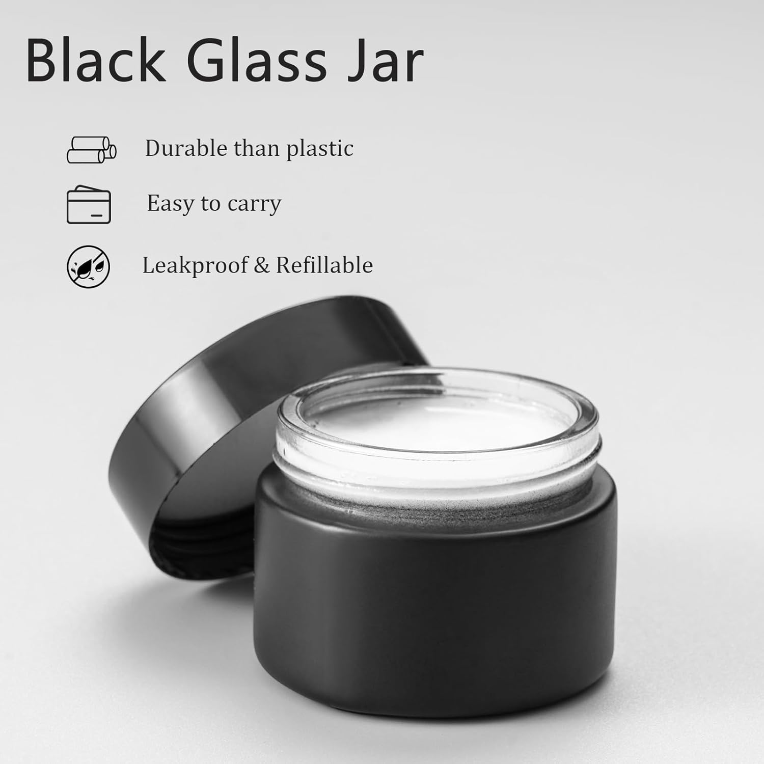 OverNews 48 1oz Black Glass Jar, Empty Cosmetic Lotion Containers,with Inner Liners,Black Lid, Spatula (Black）