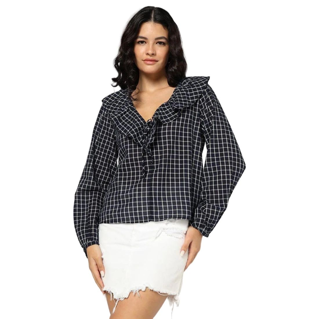 Women's Checked Print v-Neck Peasant Full Sleeve top, Navy, xs-image-34