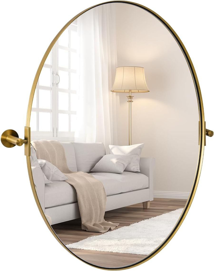 ANDY STAR Gold Bathroom Mirror, 22" x 34" Tilting Vanity Oval Mirror for Wall, Brushed Gold Stainless Steel Metal Frame Pivot Mirror Hangs Vertically Wall-Mounted