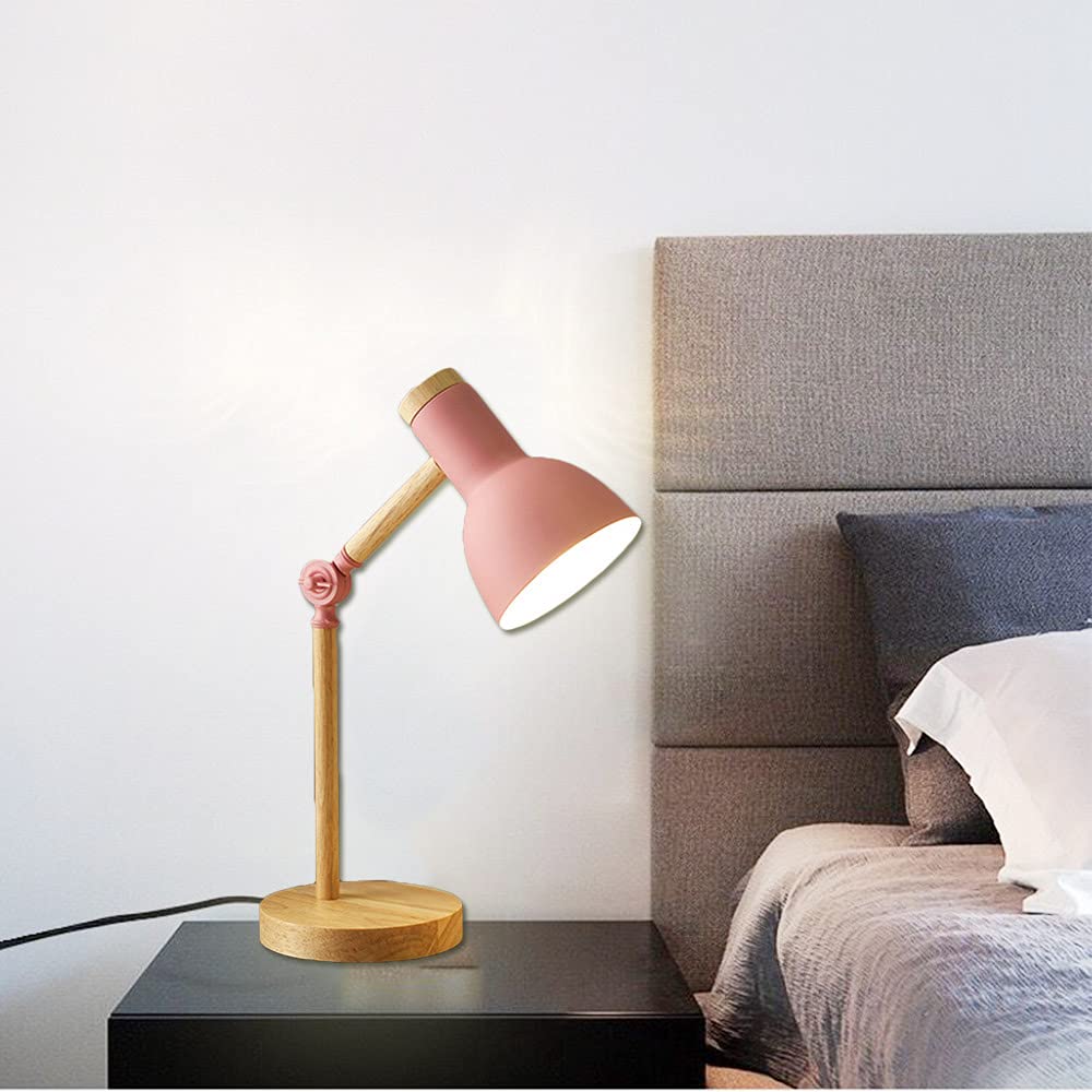 ChaoZan LáMpara de Mesa NóRdica LáMpara de Mesilla de Noche LáMpara de Estudio de Lectura para Ni？Os LáMpara de Escritorio Madera metal E27 Ajustable Enchufe estudio Sala de estar oficina(Rosa)