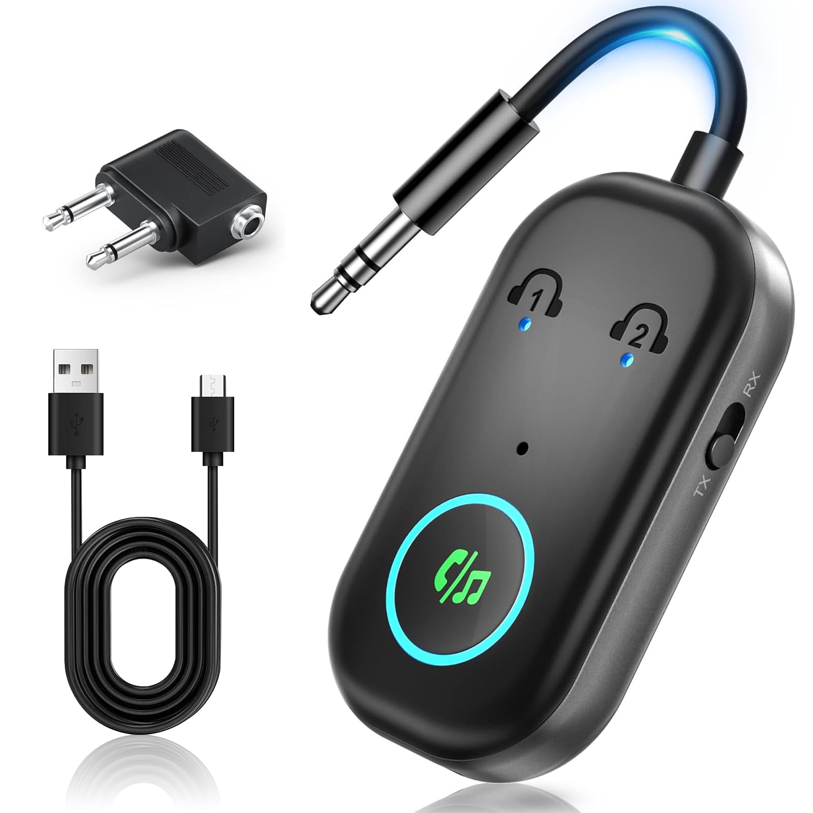 Trasmettitore Bluetooth 5.3, Adattatore Bluetooth 2-in-1, Adattatore Cuffie Aereo Supporta 2 Auricolare, 3.5 mm AUX Jack Trasmettitore per TV, Telefono Mobile, Car Audio Systems, Palestra