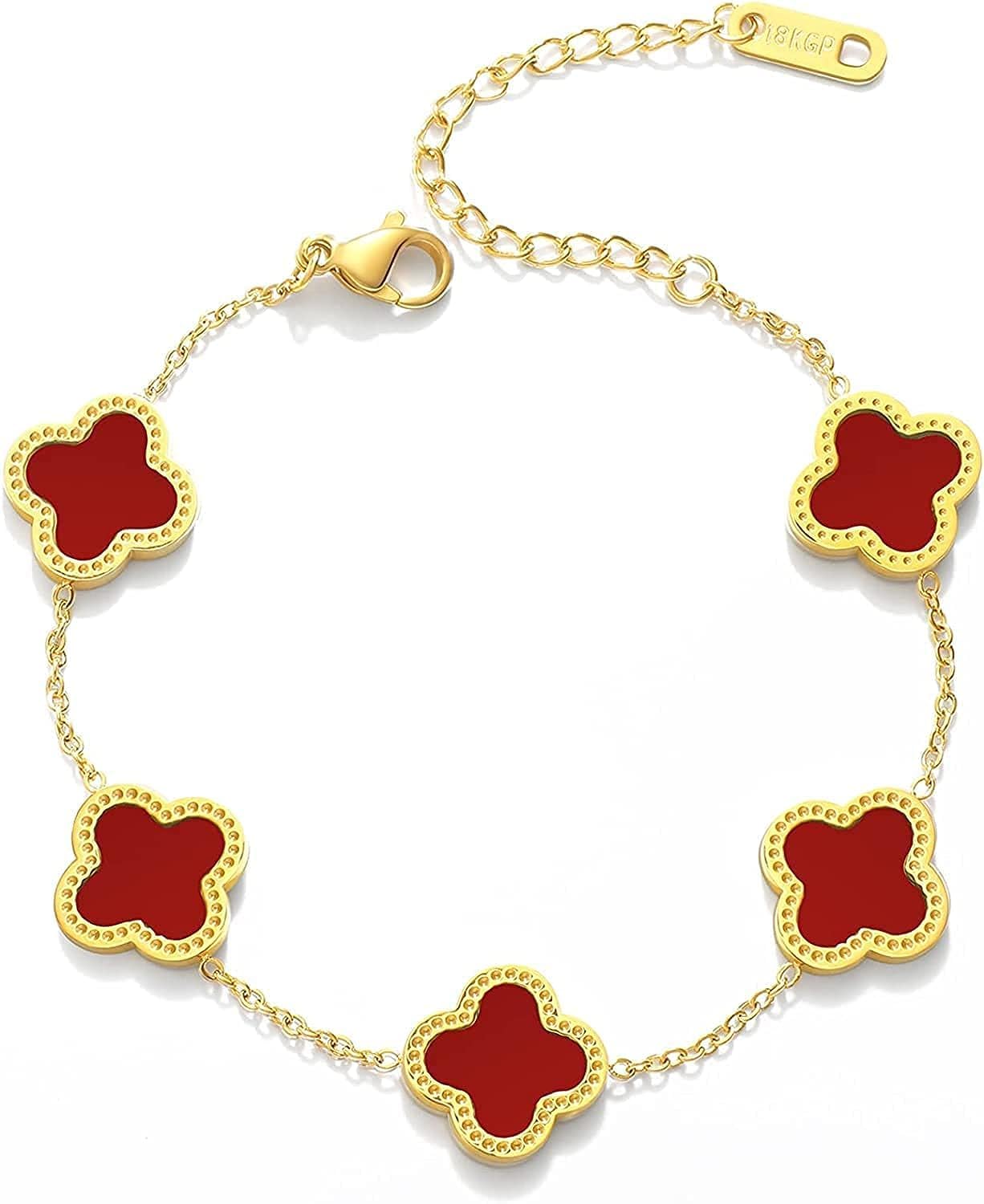 Luxury Fashion Jewelry Lucky Ladies Shell Four Leaf Clover Bracelet 18K Gold Plated Stainless Steel Bracelet (Gold - Red)