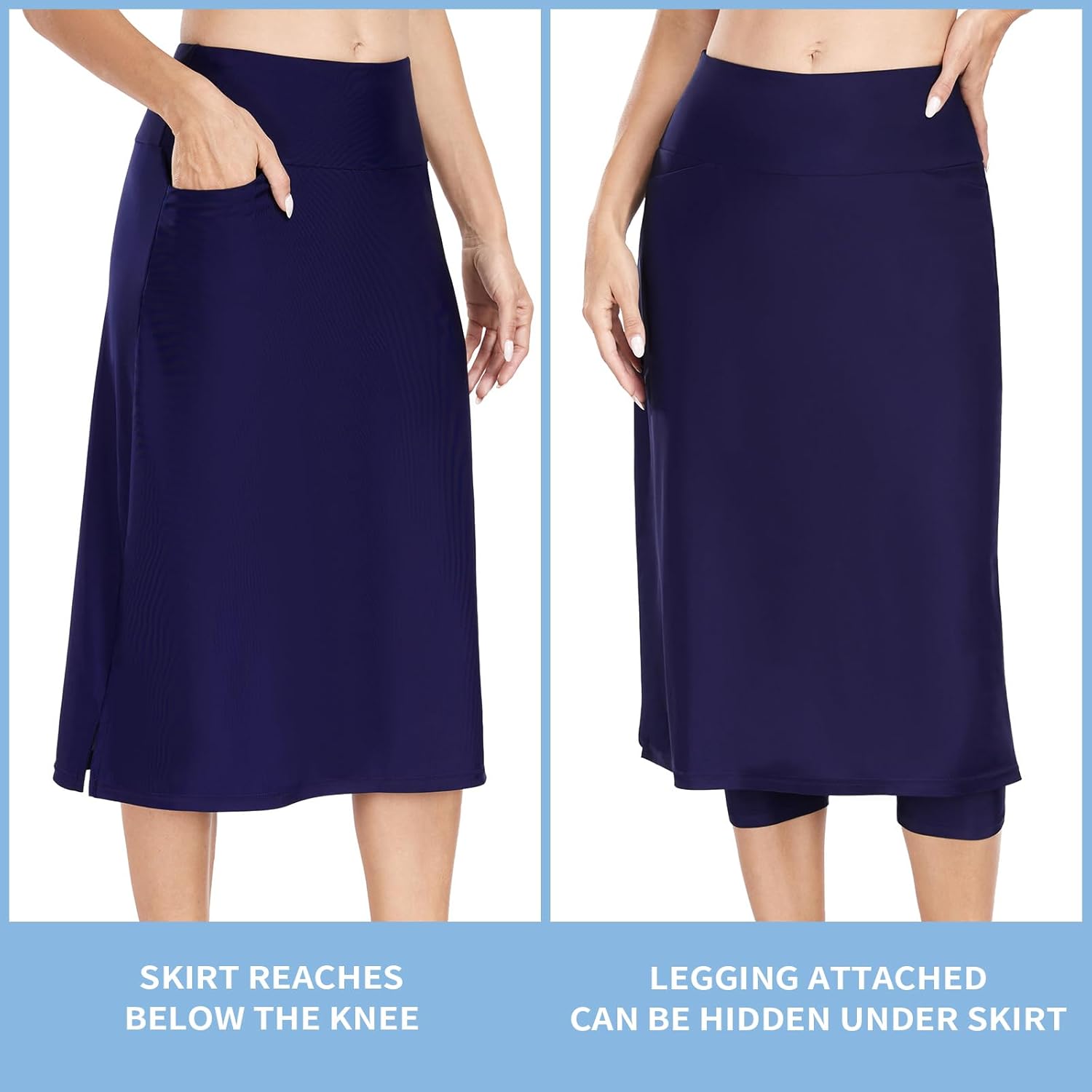WOWENY Women's Midi Length Long Swim Skirts with Legging Modest High Waisted Tankini Skirt Bottom with Zipper Pockets - Image 3