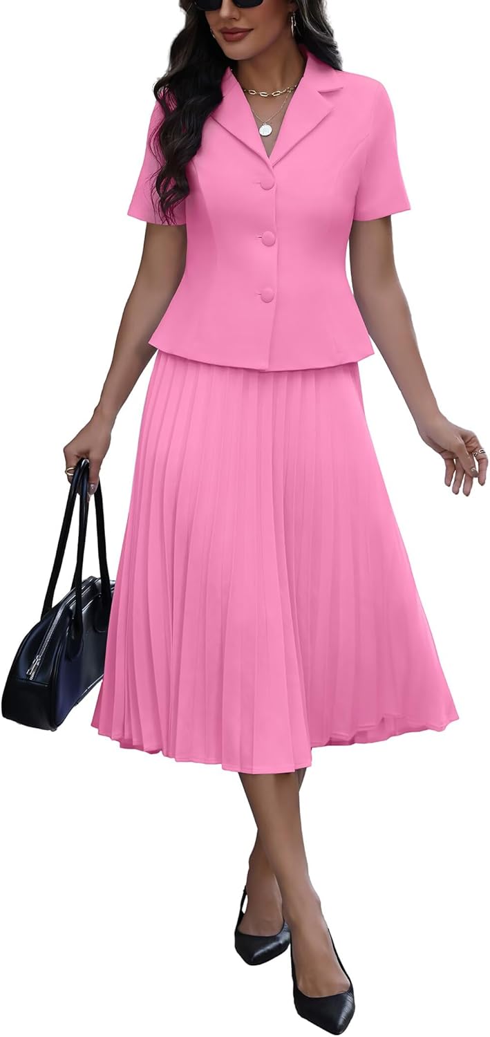 Ophestin Women's 2 Piece Blazer Outfits Short Sleeve Open Front Jacket High Waist Pleated Maxi Skirt Set for Business Church