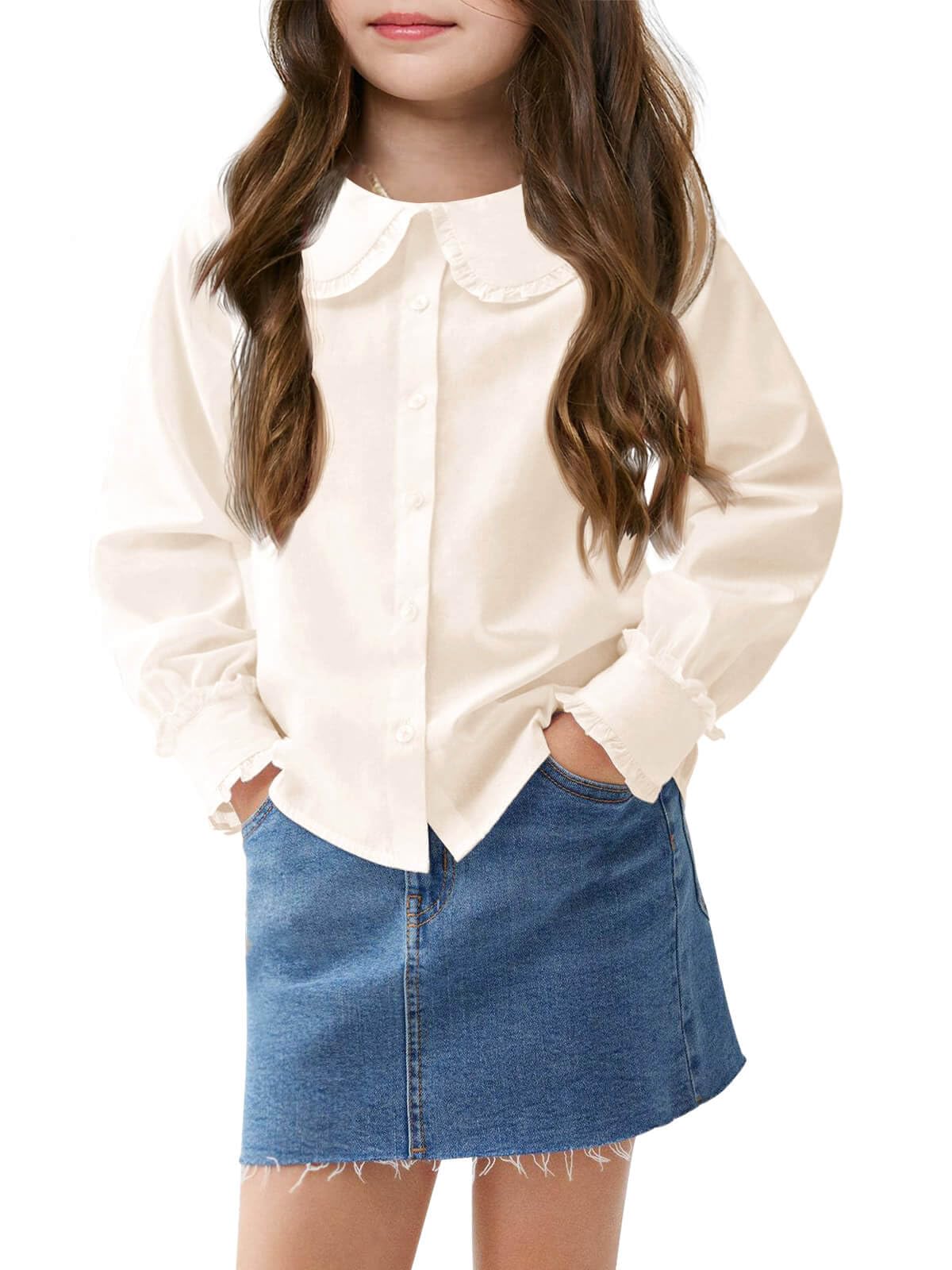 Haloumoning Camisa clásica de manga larga con botones y cuello de muñeca para niñas, blusa suave