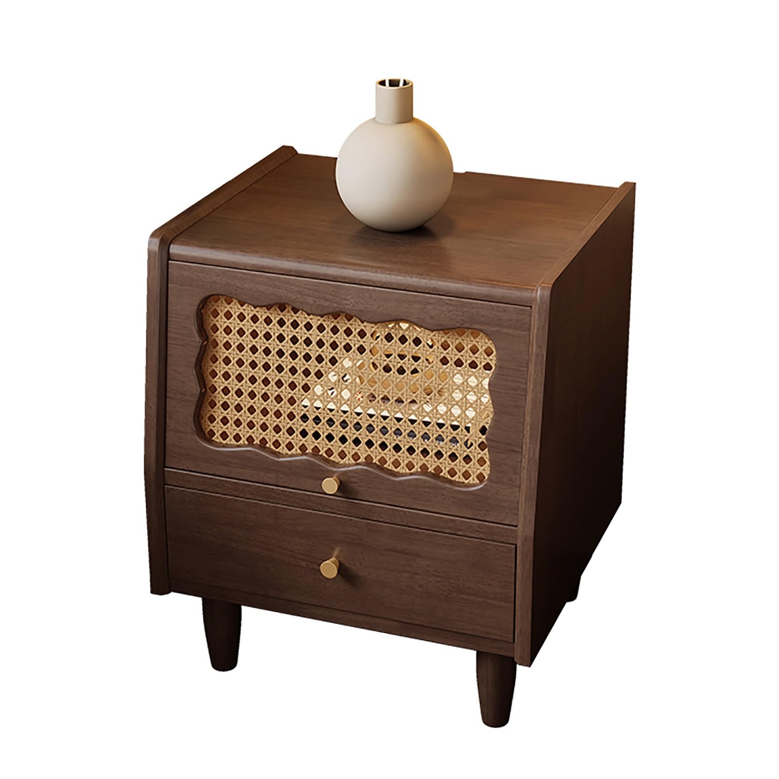 Table de chevet en noyer avec 2 portes rotin et rangement en S pour chambre